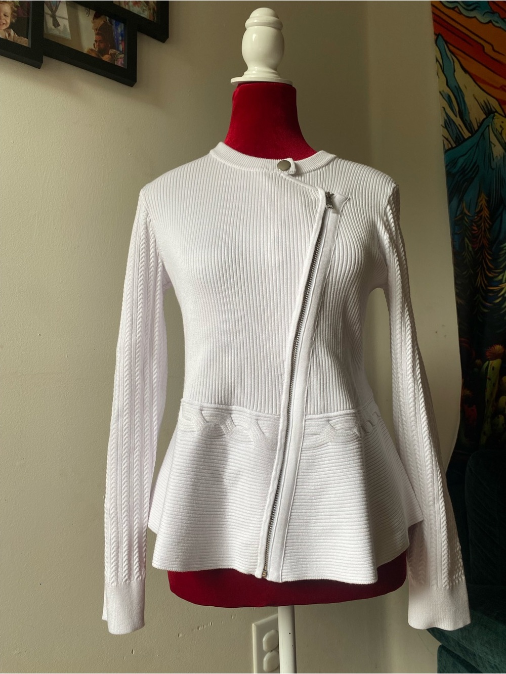 Talbots White Asymmetrical Zip Peplum Blazer